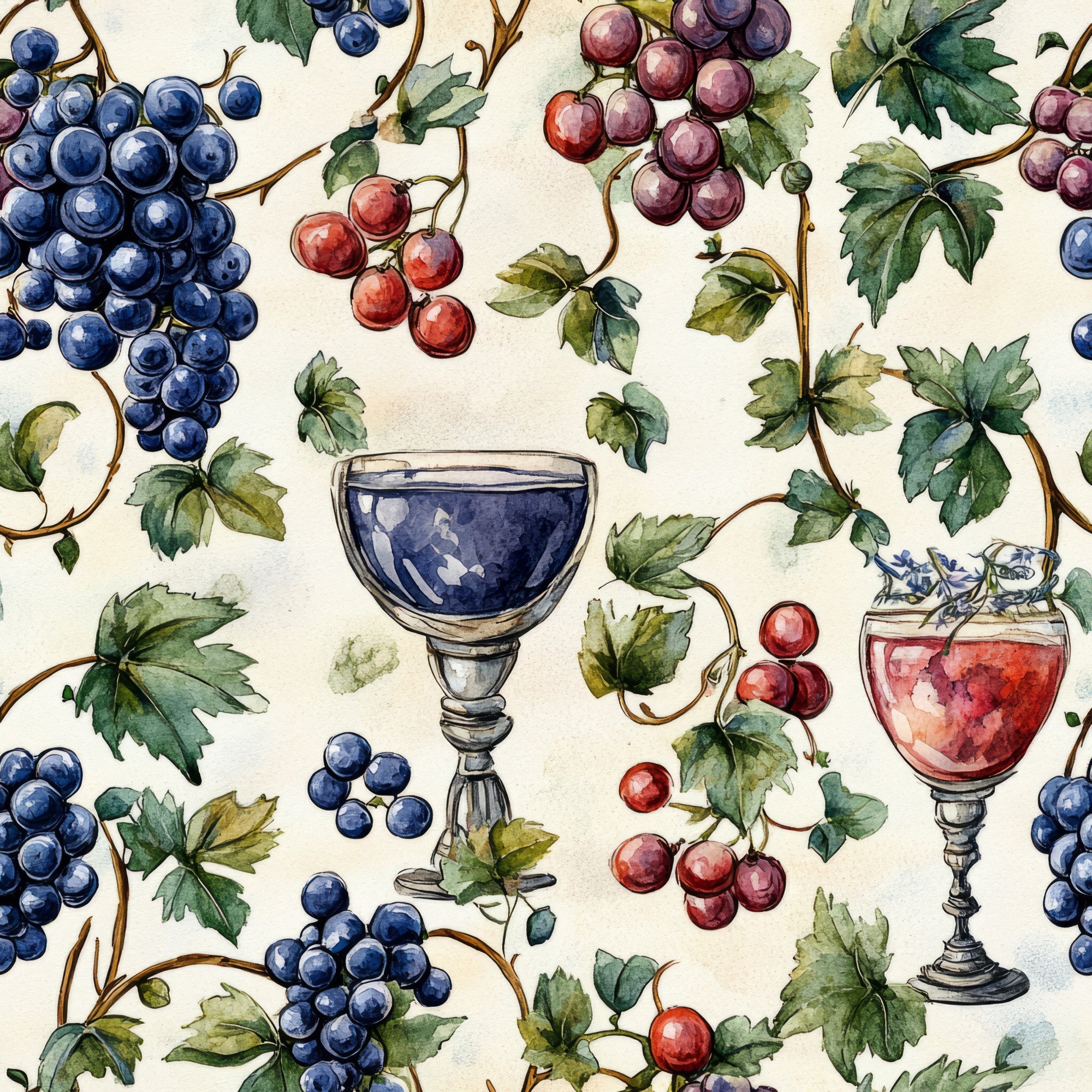 navy blue, burgundy, deep red, green leaves, grape clusters, wine glasses, vineyard theme, botanical pattern, watercolor style,, fabric panel, wine country, grapevines, stemware, fruit motifs, cream background, vintner theme, wine harvest, artistic illustration, repeating pattern