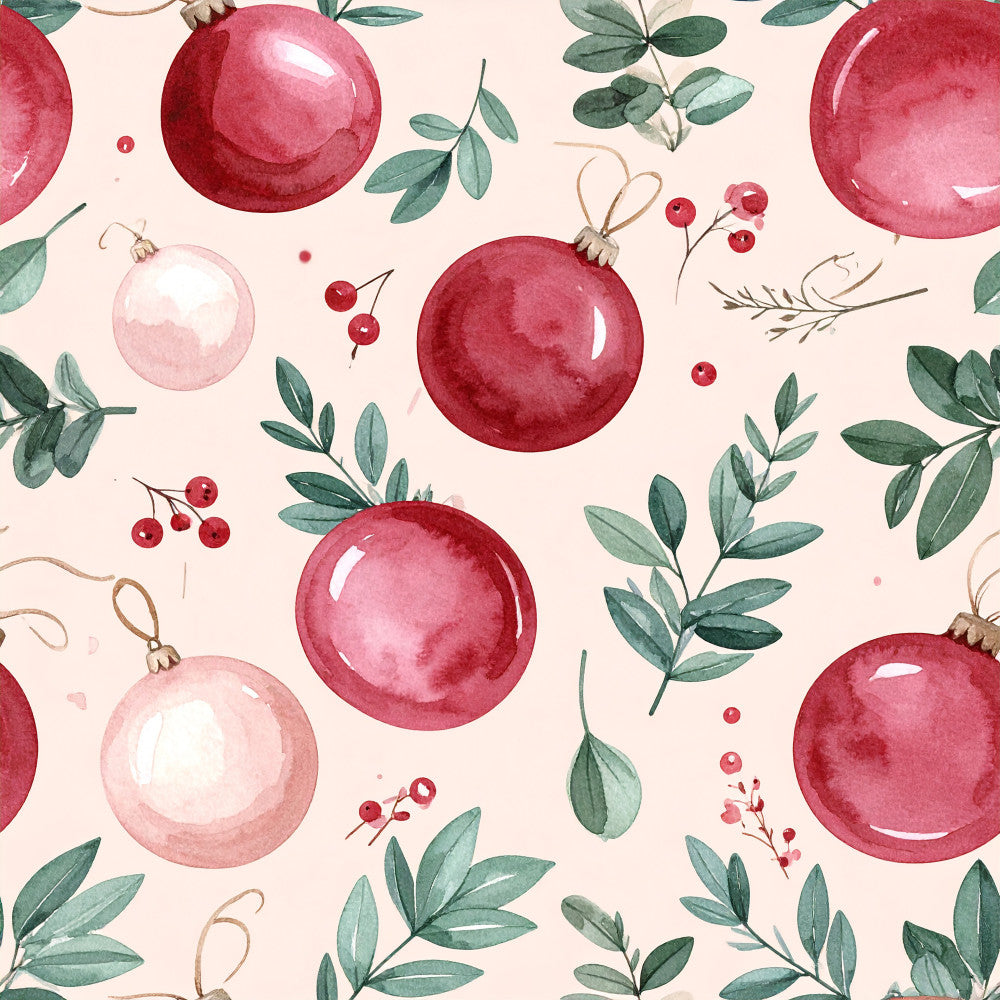 dusty rose, burgundy red, deep red, sage green, eucalyptus green, cream, blush pink, christmas ornaments, holiday decorations, festive, winter, seasonal, nature, botanical, elegant, whimsical, traditional, vintage, ornamental balls, berries, foliage, leaves, branches, decorative, home decor, nursery, christmas theme, festive decor, watercolor style, hand-painted aesthetic