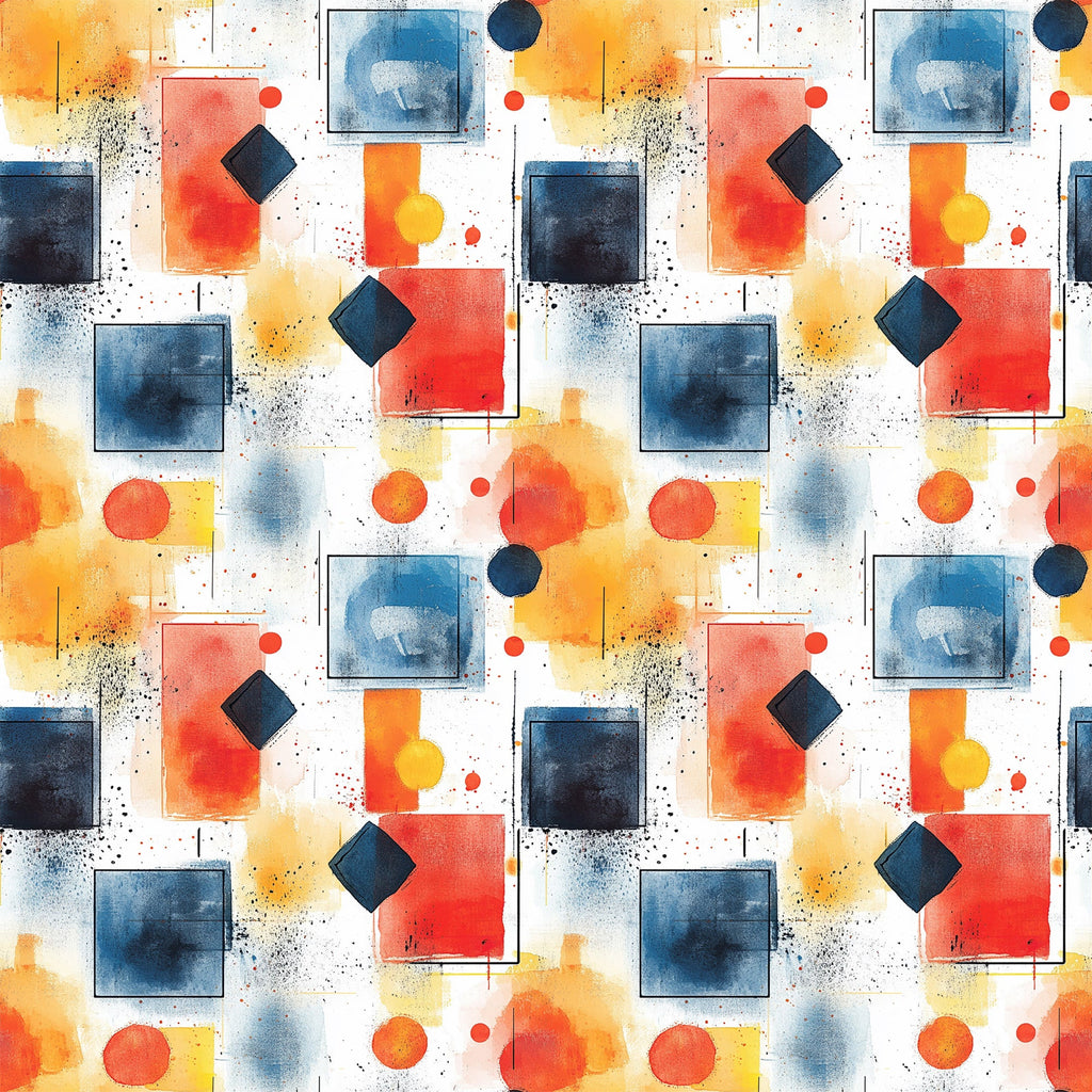 watercolor, geometric shapes, mid century modern, abstract art, orange, blue, navy, coral, yellow, white, squares, circles, diamonds, contemporary design,, fabric panel, artistic pattern, splatter effects, modern aesthetic, vibrant colors