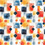 watercolor, geometric shapes, mid century modern, abstract art, orange, blue, navy, coral, yellow, white, squares, circles, diamonds, contemporary design,, fabric panel, artistic pattern, splatter effects, modern aesthetic, vibrant colors