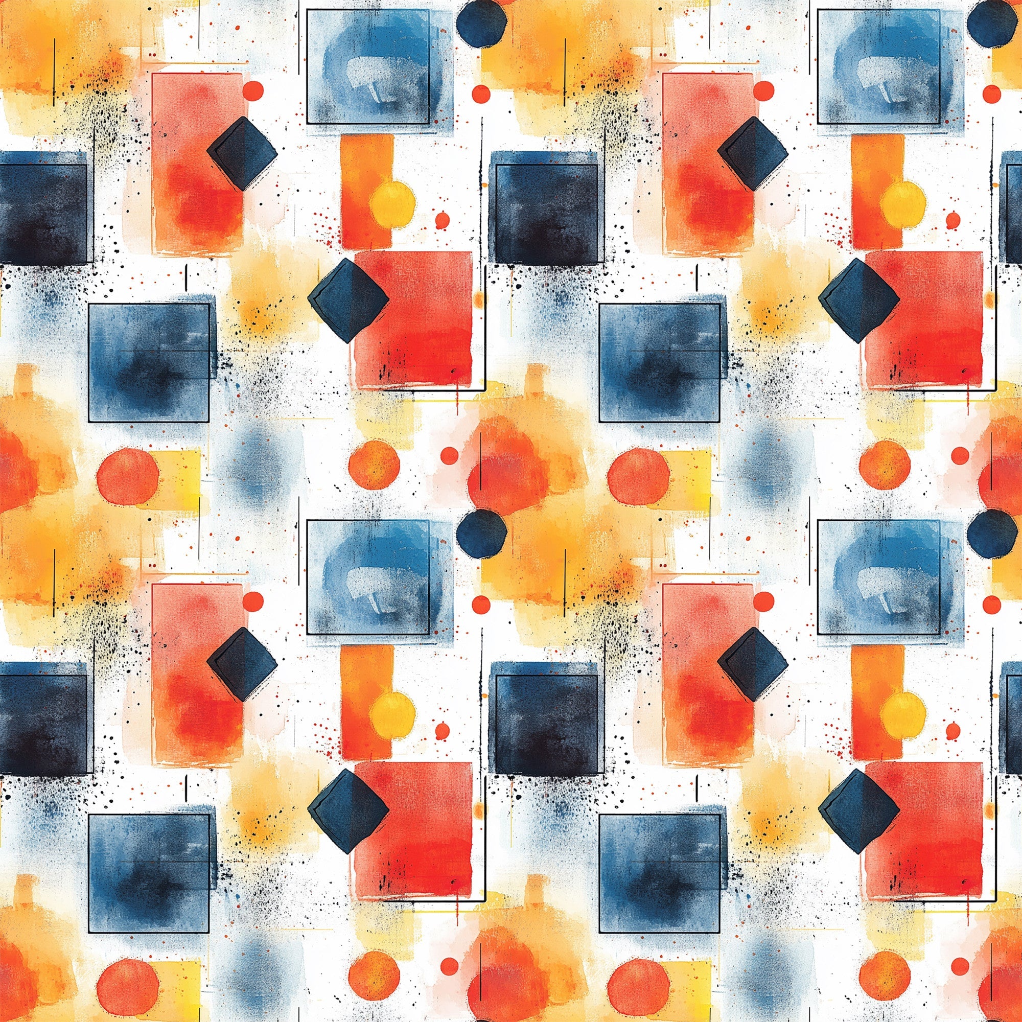 watercolor, geometric shapes, mid century modern, abstract art, orange, blue, navy, coral, yellow, white, squares, circles, diamonds, contemporary design,, fabric panel, artistic pattern, splatter effects, modern aesthetic, vibrant colors