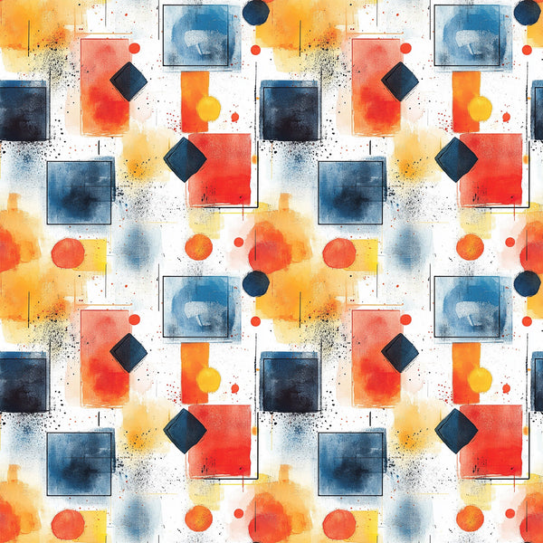 watercolor, geometric shapes, mid century modern, abstract art, orange, blue, navy, coral, yellow, white, squares, circles, diamonds, contemporary design,, fabric panel, artistic pattern, splatter effects, modern aesthetic, vibrant colors