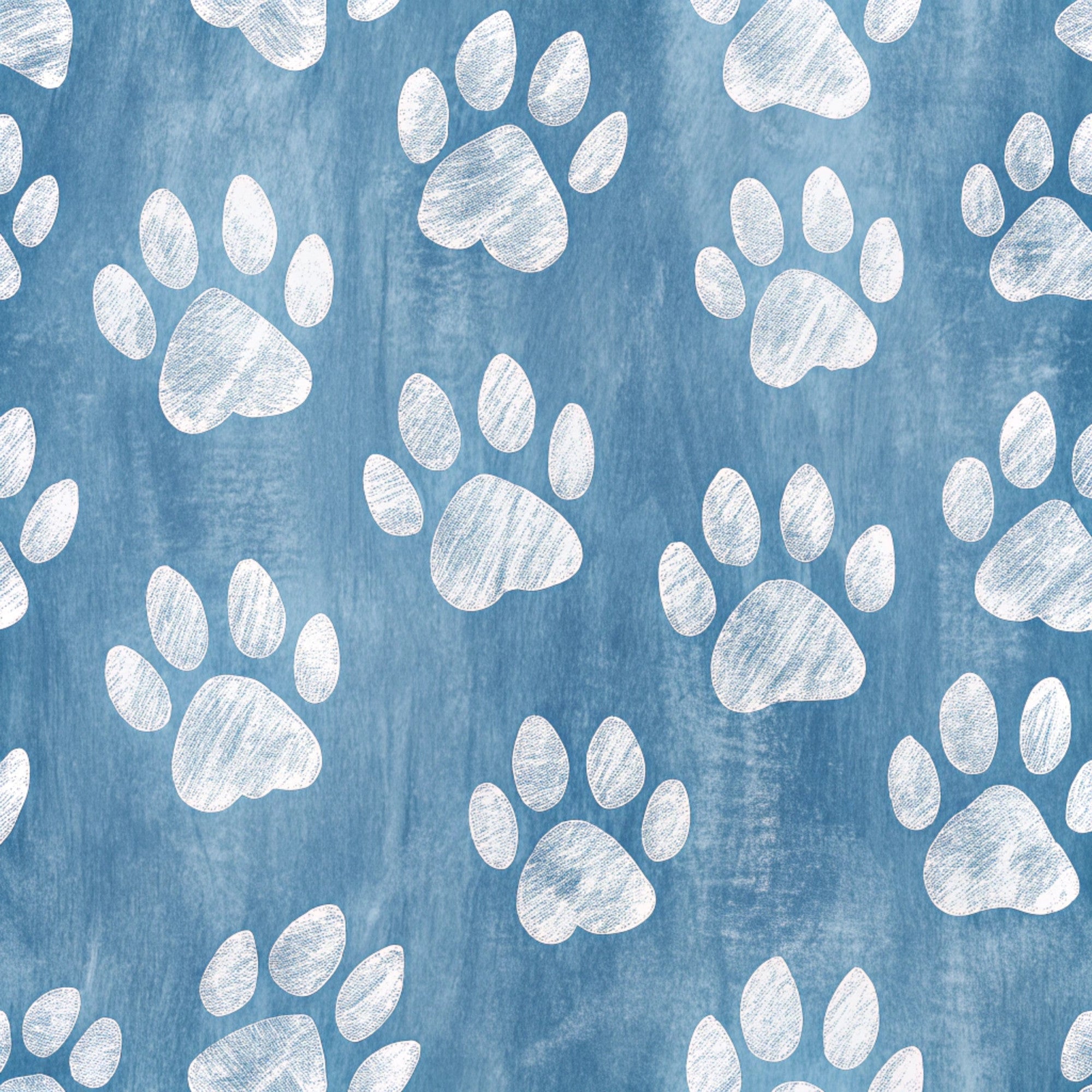 blue background, white paw prints, dog paws, pet theme, animal prints,, fabric panel, scattered pattern, light blue, powder blue, paw pad design, pet lover, canine theme, repeating motif, soft blue, chalk white, animal tracks, dog theme, cotton fabric, crafting material