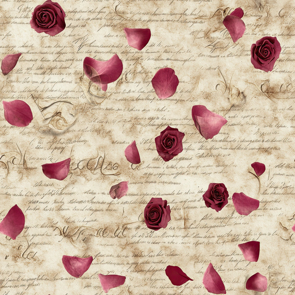 burgundy roses, dusty rose petals, wine red flowers, vintage script, antique letter print, romantic floral, shabby chic, vintage love letters, heart petals, rose blooms, beige parchment background, aged manuscript, nostalgia, elegant botanical, traditional rose pattern, wedding theme, valentine's day, romantic vintage, love note design, timeless elegance, heritage florals, Victorian style, classic romance, literary theme, distressed vintage, heirloom quality, romantic sentiment