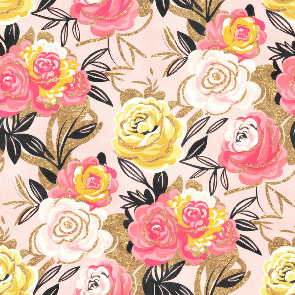 blush pink, hot pink, coral pink, gold, yellow, black, floral, roses, peonies, botanical, glitter, sparkle, elegant, modern, whimsical, feminine, luxury, garden flowers, layered petals, metallic accents, spring, summer, nursery, baby girl, kids room, playroom, nature, romantic, artistic, vibrant colors