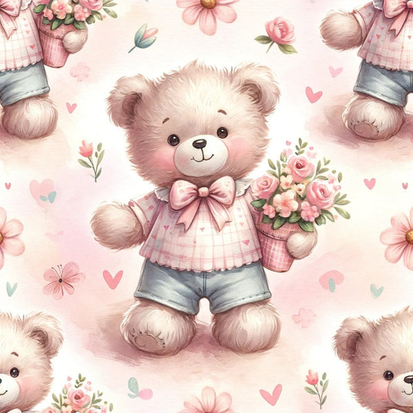 pink, blush, cream, beige, teddy bears, floral bouquets, roses, hearts, bow ties, gingham shirts, denim shorts, watercolor style, soft illustration, cute characters,, fabric panel, romantic florals, pastel palette, whimsical design, nursery theme