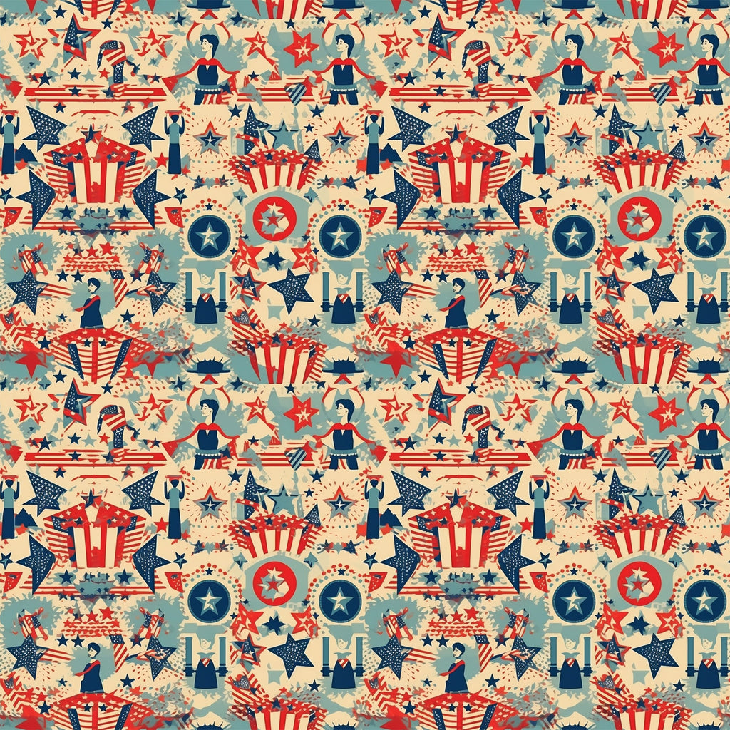 red white blue, patriotic motifs, vintage americana, stars and stripes, uncle sam hats, fireworks bursts, circular medallions, geometric stars, retro illustration style, repeating pattern,, fabric panel, fourth of july theme, nostalgic design, americana symbols, decorative elements, vintage color palette, seamless repeat, patriotic characters, festive imagery