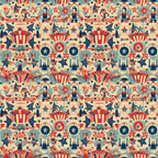 red white blue, patriotic motifs, vintage americana, stars and stripes, uncle sam hats, fireworks bursts, circular medallions, geometric stars, retro illustration style, repeating pattern,, fabric panel, fourth of july theme, nostalgic design, americana symbols, decorative elements, vintage color palette, seamless repeat, patriotic characters, festive imagery
