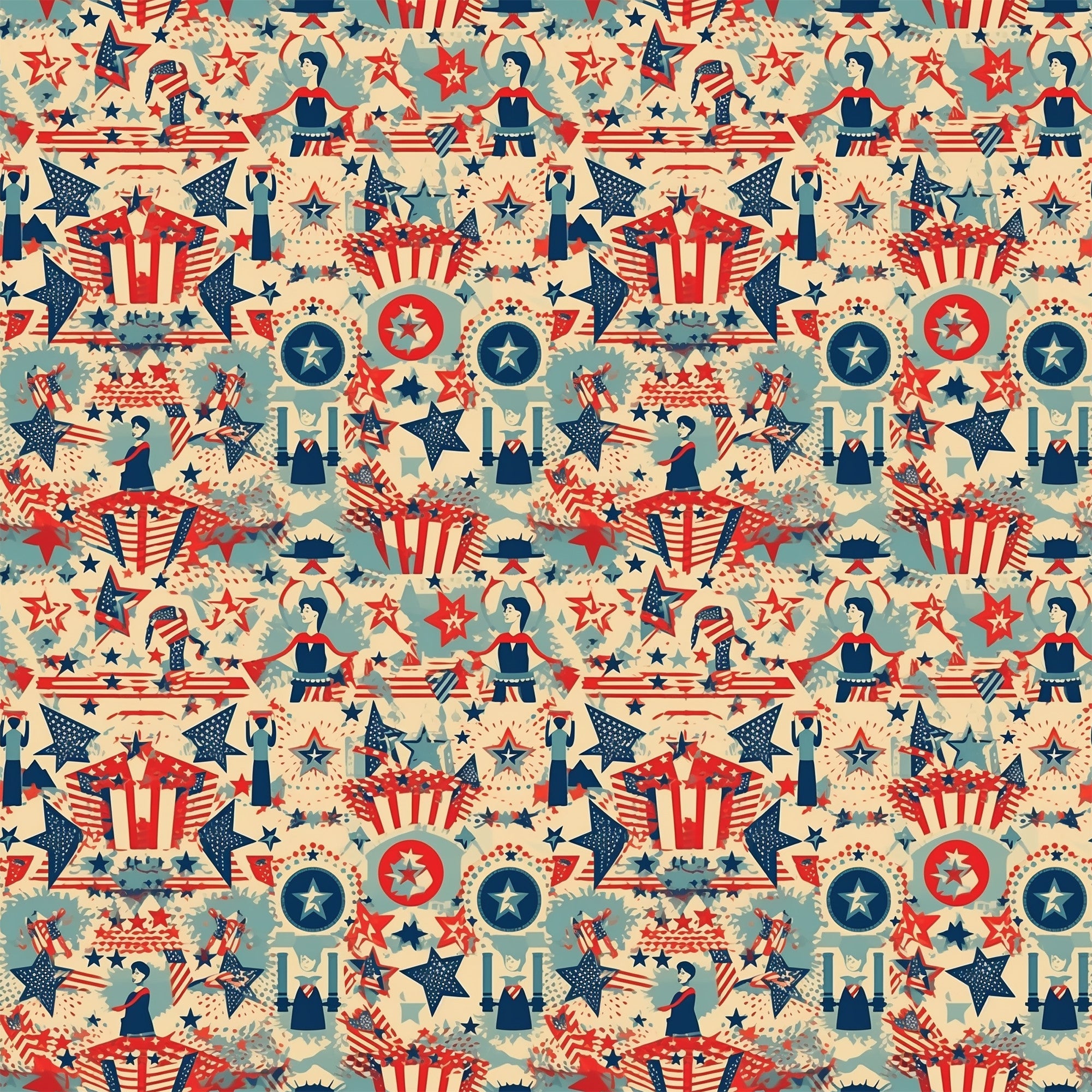 red white blue, patriotic motifs, vintage americana, stars and stripes, uncle sam hats, fireworks bursts, circular medallions, geometric stars, retro illustration style, repeating pattern,, fabric panel, fourth of july theme, nostalgic design, americana symbols, decorative elements, vintage color palette, seamless repeat, patriotic characters, festive imagery