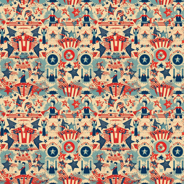 red white blue, patriotic motifs, vintage americana, stars and stripes, uncle sam hats, fireworks bursts, circular medallions, geometric stars, retro illustration style, repeating pattern,, fabric panel, fourth of july theme, nostalgic design, americana symbols, decorative elements, vintage color palette, seamless repeat, patriotic characters, festive imagery