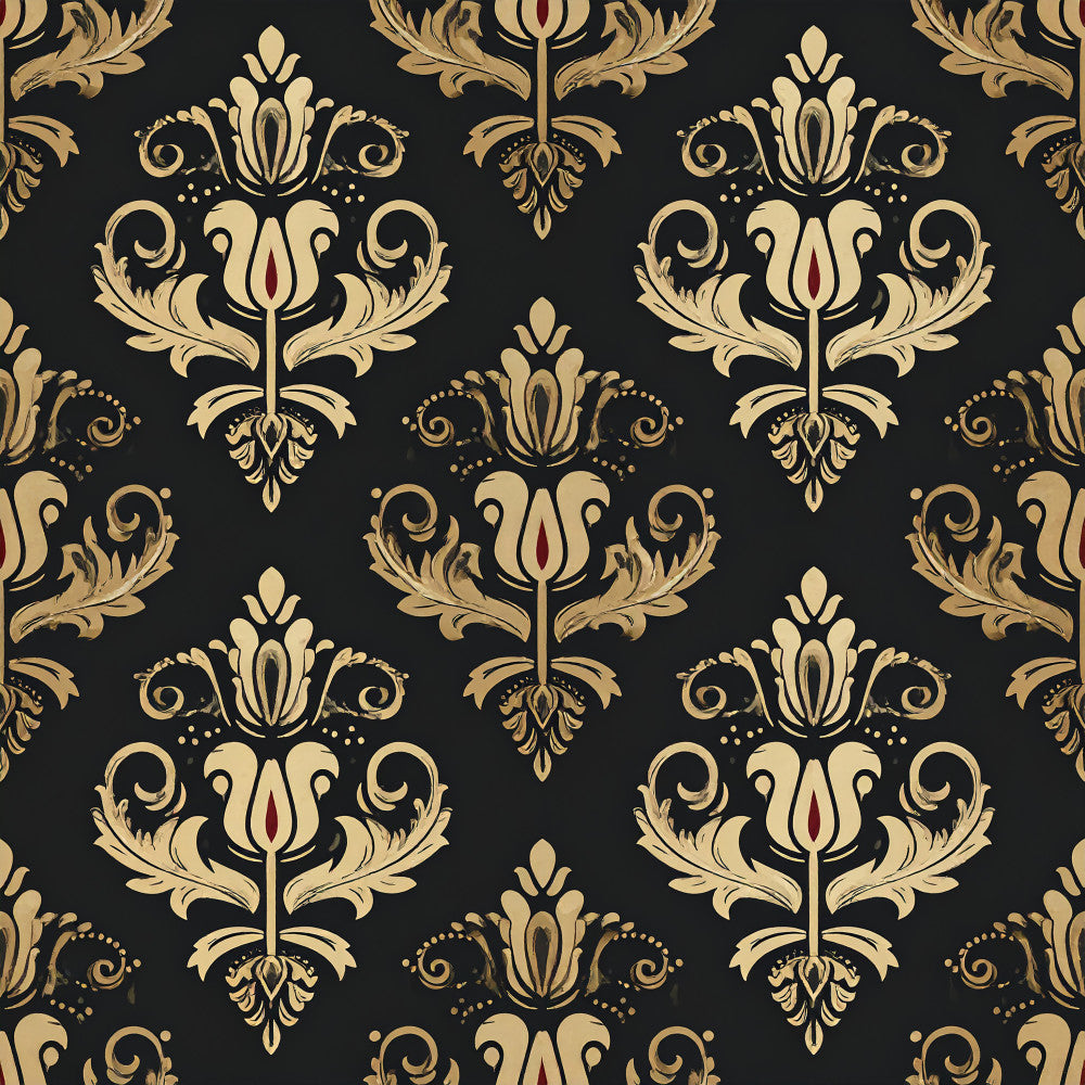 gold damask, black background, cream damask, ornate floral, victorian, elegant, baroque, traditional, decorative, luxurious, scrollwork, flourish, symmetrical pattern, classical design, formal, sophisticated, home decor, upholstery style, vintage inspired, antique aesthetic, ornamental motifs, leafy flourishes, curled leaves, botanical elements, rich pattern, statement fabric, timeless design, regal, metallic accents