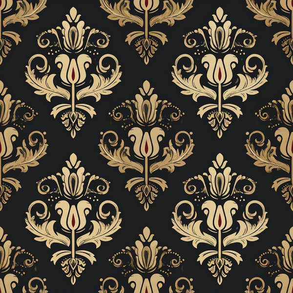 gold damask, black background, cream damask, ornate floral, victorian, elegant, baroque, traditional, decorative, luxurious, scrollwork, flourish, symmetrical pattern, classical design, formal, sophisticated, home decor, upholstery style, vintage inspired, antique aesthetic, ornamental motifs, leafy flourishes, curled leaves, botanical elements, rich pattern, statement fabric, timeless design, regal, metallic accents