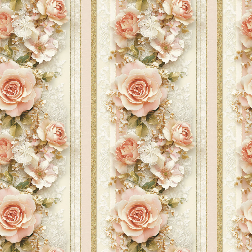 blush pink, coral, gold, cream, ivory, floral stripes, roses, butterflies, baby's breath, vertical stripes, romantic florals, soft pastels,, fabric panel, delicate flowers, feminine design, spring blooms, elegant pattern, cottage core, vintage inspired