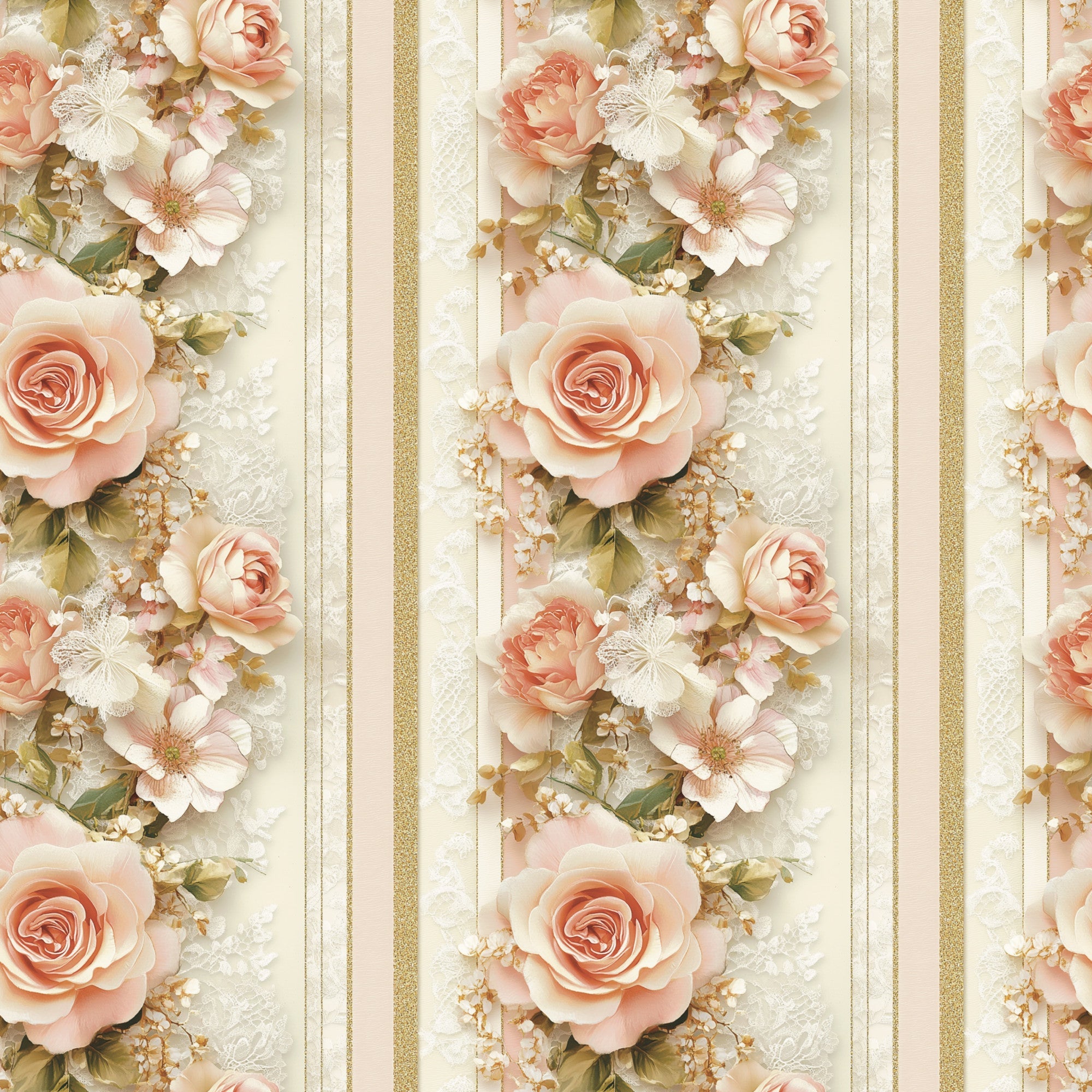 blush pink, coral, gold, cream, ivory, floral stripes, roses, butterflies, baby's breath, vertical stripes, romantic florals, soft pastels,, fabric panel, delicate flowers, feminine design, spring blooms, elegant pattern, cottage core, vintage inspired