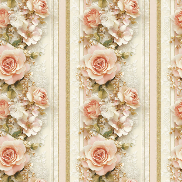 blush pink, coral, gold, cream, ivory, floral stripes, roses, butterflies, baby's breath, vertical stripes, romantic florals, soft pastels,, fabric panel, delicate flowers, feminine design, spring blooms, elegant pattern, cottage core, vintage inspired