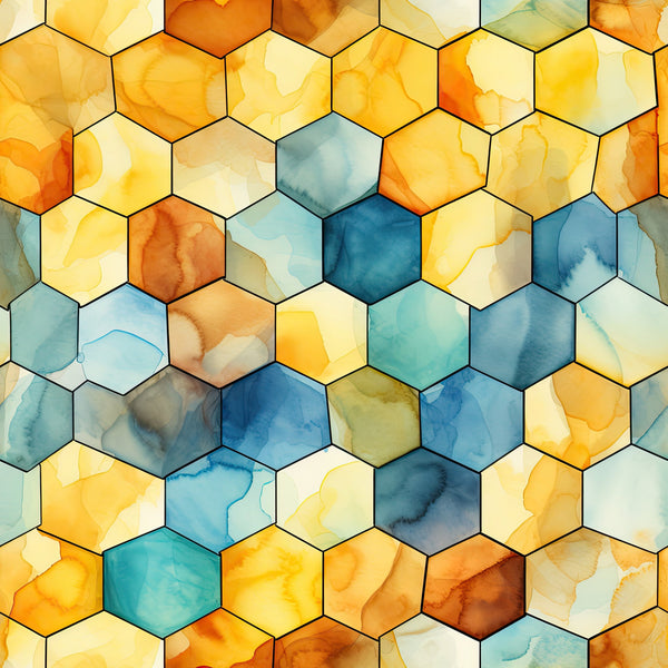 watercolor, honeycomb pattern, hexagonal shapes, geometric design, orange, yellow, blue, teal, amber, golden hues, aqua, navy blue, abstract art, flowing colors, bee-inspired, nature motif,, fabric panel, soft watercolor wash, organic shapes
