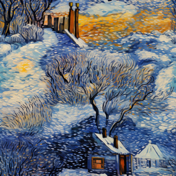 winter landscape, snow scene, cottage houses, bare trees, swirling brushstrokes, blue tones, orange accents, white snow, purple shadows, dawn sky, post-impressionist style,, fabric panel, winter village, snowy path, chimneys, artistic swirls, cold weather, seasonal fabric