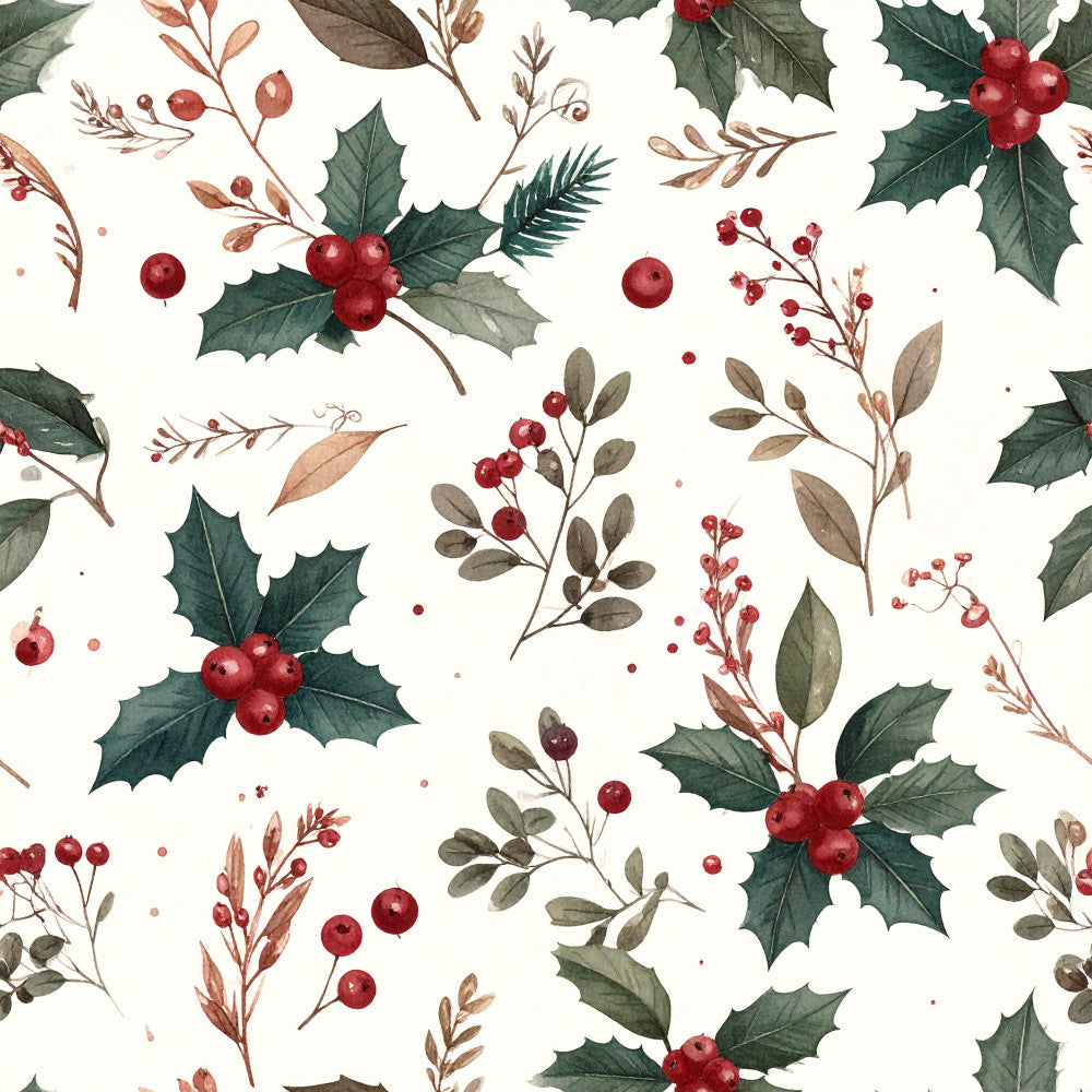 forest green, deep red, burgundy, cream, taupe, holly leaves, red berries, christmas, holiday, winter, festive, botanical, nature, floral, elegant, traditional, rustic, vintage, evergreen branches, berry clusters, decorative foliage, seasonal, festive decor, timeless, classic design, natural elements, warm tones, dark green leaves, realistic florals