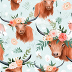 highland cows, peach coral, sage green, floral crowns, hand drawn, watercolor style, pastoral theme, horned cattle, roses peonies, botanical elements,, fabric panel, repeating pattern, whimsical illustration, soft pastels, farm animals, country motif, crafting material, feminine design, nature inspired