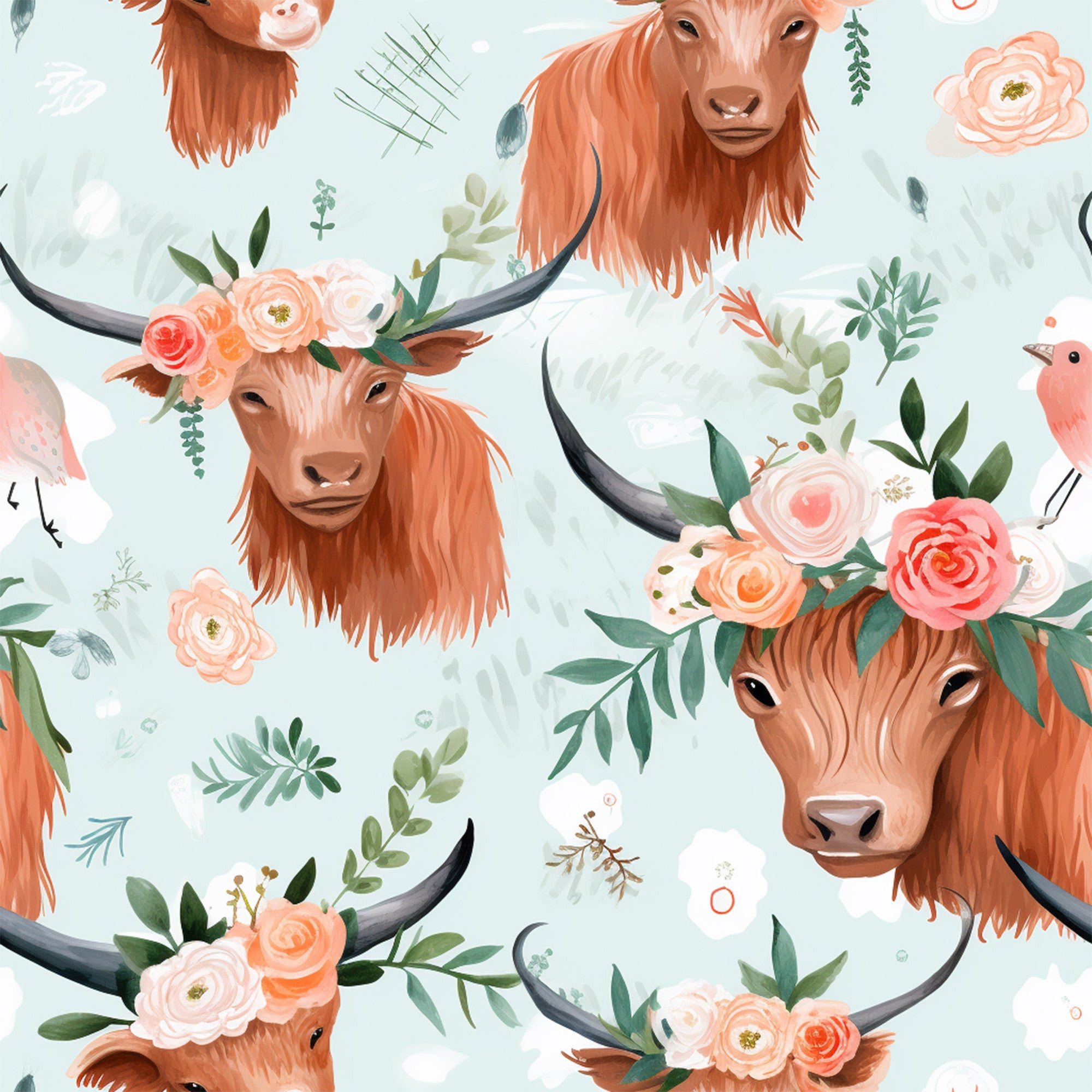 highland cows, peach coral, sage green, floral crowns, hand drawn, watercolor style, pastoral theme, horned cattle, roses peonies, botanical elements,, fabric panel, repeating pattern, whimsical illustration, soft pastels, farm animals, country motif, crafting material, feminine design, nature inspired