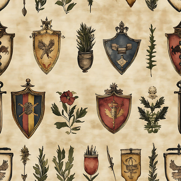 rustic shields, medieval banners, heraldic crests, botanical elements, eagles, griffins, potted plants, leafy sprigs, parchment background, earth tones, burgundy, forest green, golden yellow, antiqued finish, german inspired, coat of arms,, fabric panel, vintage style, decorative motifs