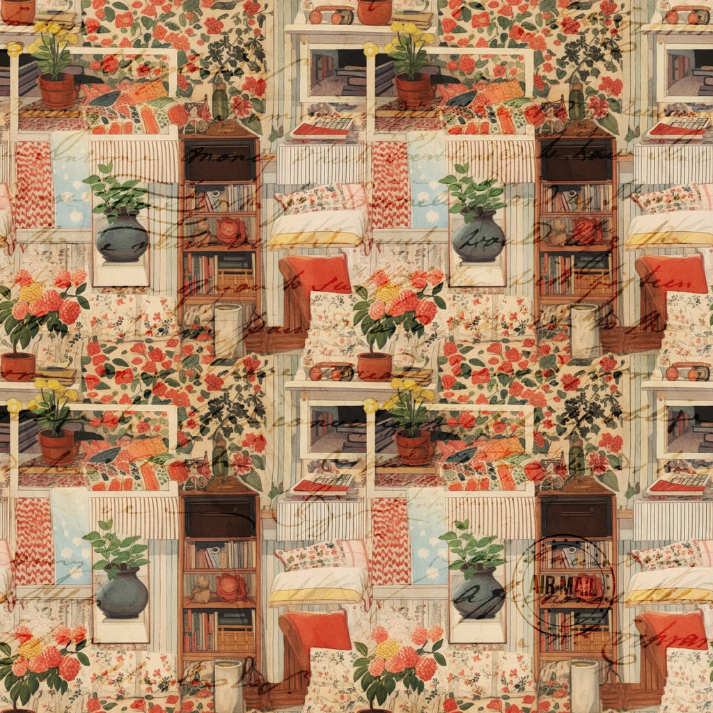 cottagecore, scrapbook style,, fabric panel, coral pink, sage green, cream, beige, floral motifs, potted plants, bookshelves, cozy interior, vintage aesthetic, repetitive pattern, homey atmosphere, botanical elements, warm tones, craft supplies, domestic scenes, nostalgic mood