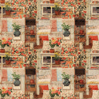 cottagecore, scrapbook style,, fabric panel, coral pink, sage green, cream, beige, floral motifs, potted plants, bookshelves, cozy interior, vintage aesthetic, repetitive pattern, homey atmosphere, botanical elements, warm tones, craft supplies, domestic scenes, nostalgic mood