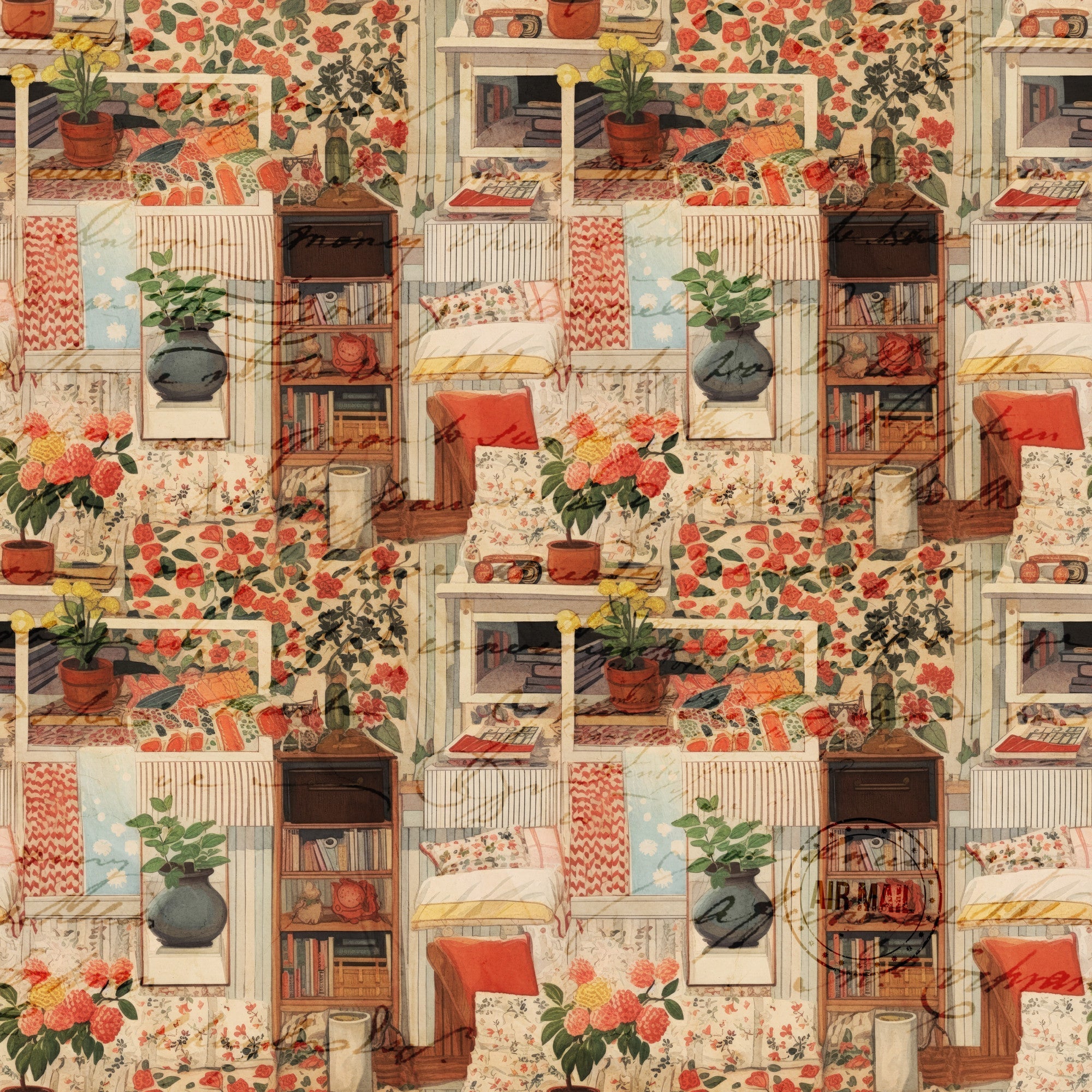 cottagecore, scrapbook style,, fabric panel, coral pink, sage green, cream, beige, floral motifs, potted plants, bookshelves, cozy interior, vintage aesthetic, repetitive pattern, homey atmosphere, botanical elements, warm tones, craft supplies, domestic scenes, nostalgic mood