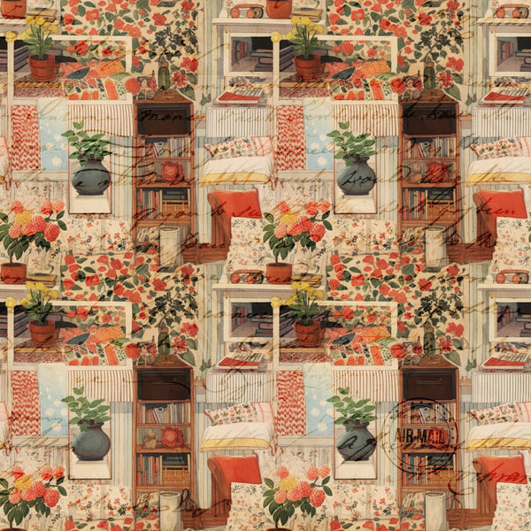 cottagecore, scrapbook style,, fabric panel, coral pink, sage green, cream, beige, floral motifs, potted plants, bookshelves, cozy interior, vintage aesthetic, repetitive pattern, homey atmosphere, botanical elements, warm tones, craft supplies, domestic scenes, nostalgic mood