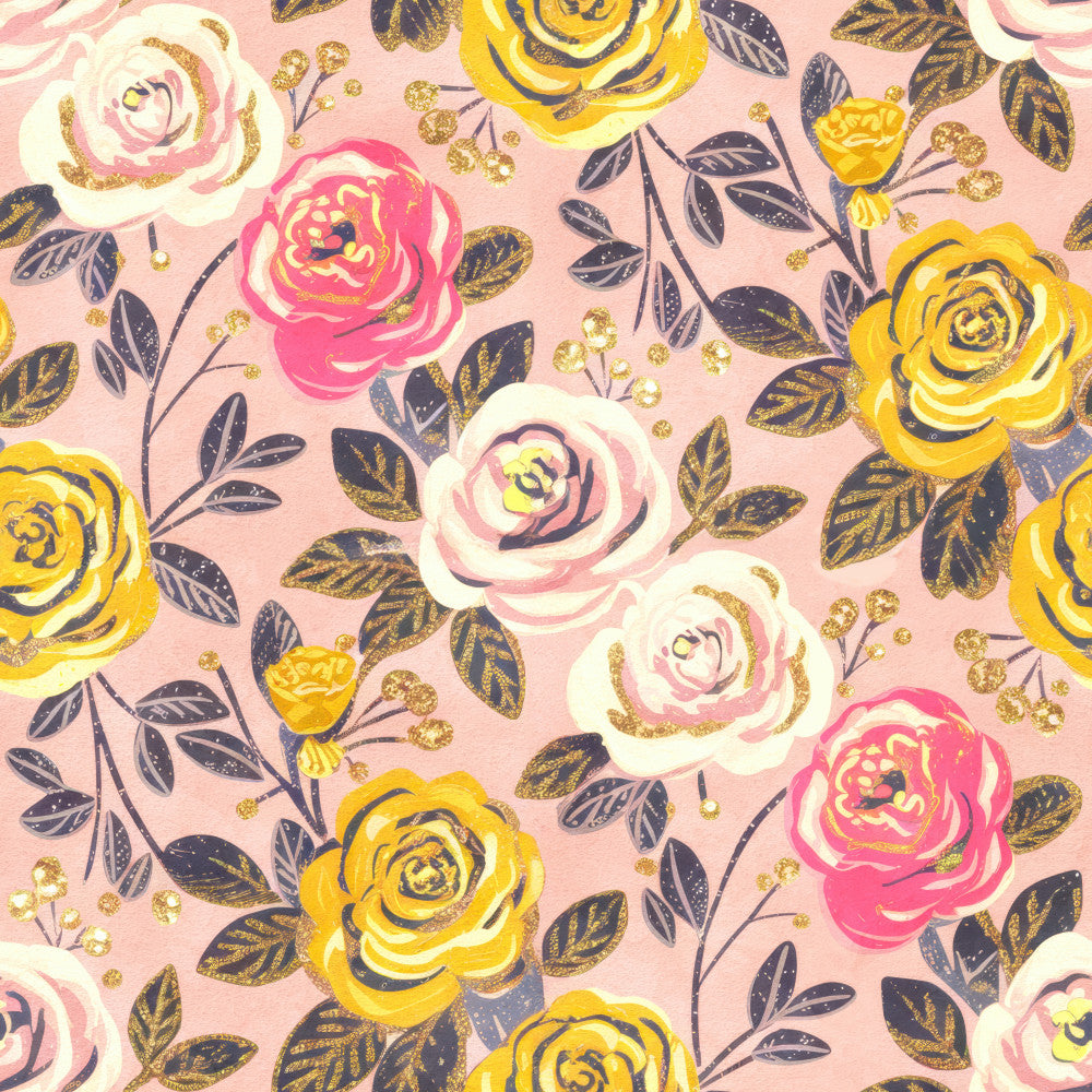 blush pink, hot pink, magenta, pale yellow, gold, navy blue, dark navy, cream white, floral, roses, botanical, nature, elegant, whimsical, modern, spring, summer, garden, vintage, romantic, delicate, layered petals, gold accents, glitter details, nursery, baby girl, feminine, pretty, cheerful
