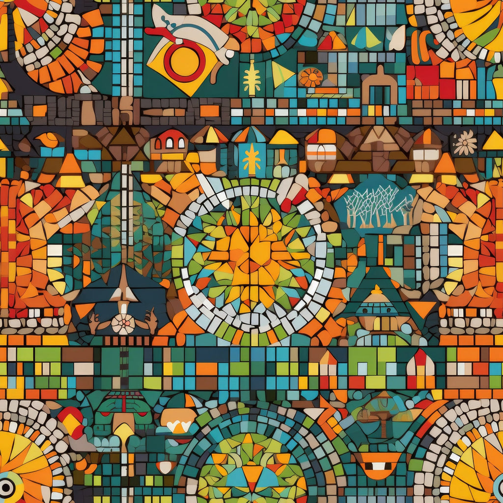 mosaic art, stained glass, geometric patterns, orange, teal, red, yellow, green, brown, circular motifs, abstract designs, kaleidoscope, colorful tiles, intricate details,, fabric panel, artistic style, vibrant colors, segmented shapes, decorative elements