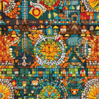 mosaic art, stained glass, geometric patterns, orange, teal, red, yellow, green, brown, circular motifs, abstract designs, kaleidoscope, colorful tiles, intricate details,, fabric panel, artistic style, vibrant colors, segmented shapes, decorative elements