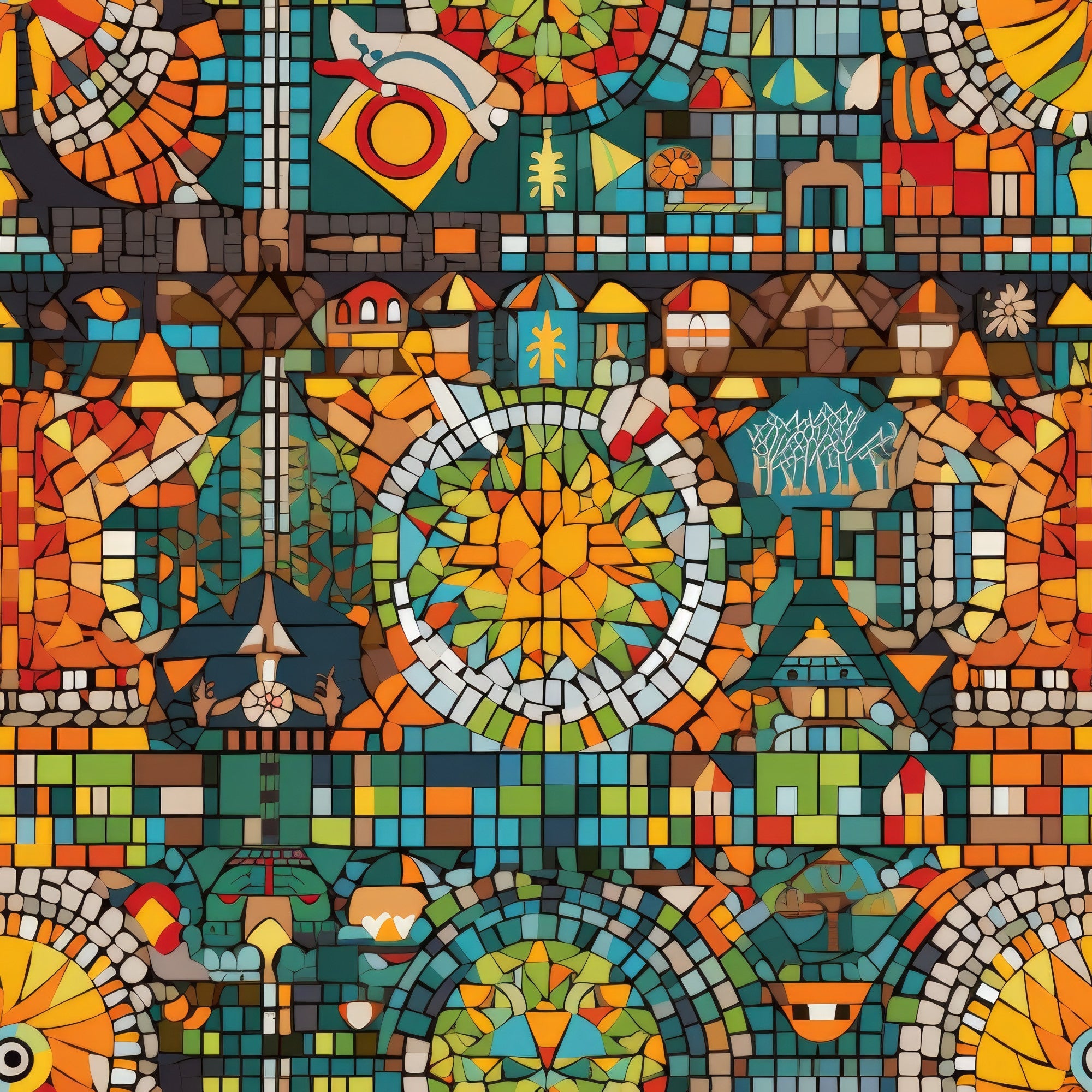 mosaic art, stained glass, geometric patterns, orange, teal, red, yellow, green, brown, circular motifs, abstract designs, kaleidoscope, colorful tiles, intricate details,, fabric panel, artistic style, vibrant colors, segmented shapes, decorative elements