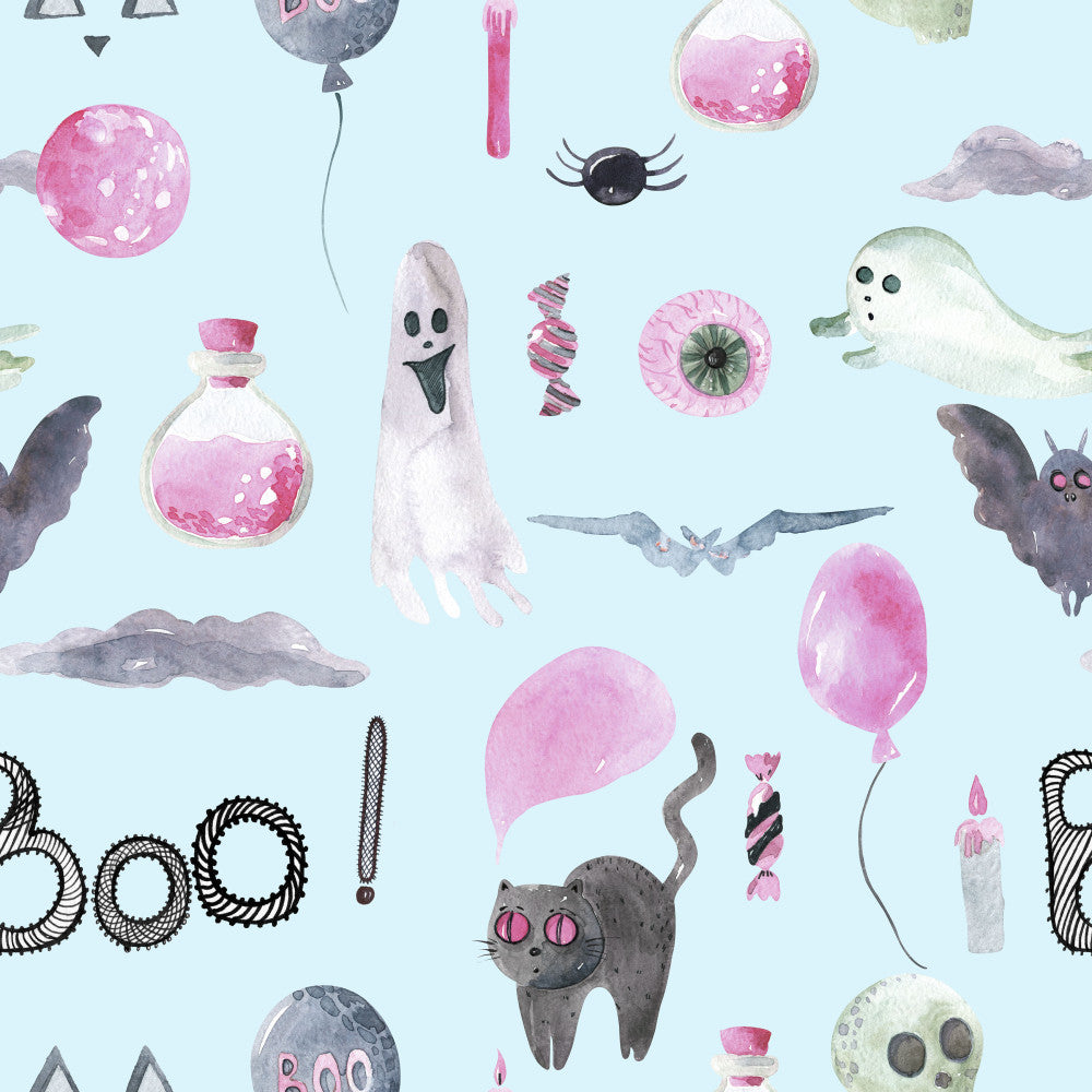 light blue, soft pink, dusty gray, pastel pink, pale pink, magenta pink, halloween, spooky, whimsical, playful, ghosts, bats, cats, balloons, potions, candy, witch theme, magical, enchanted, dark fantasy, gothic cute, kids room, nursery, playroom, baby, children's, festive, mystical, moon phases, eyeballs
