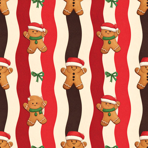gingerbread men, red and cream striped, christmas, holiday, candy cane stripe, festive, gingerbread cookies, santa hat, green scarf, whimsical, traditional christmas, winter, seasonal, kids, children, playroom, nursery, cute, cheerful, red striped, cream colored, dark red, forest green, chocolate brown, vertical stripes, repeating pattern, holiday decor