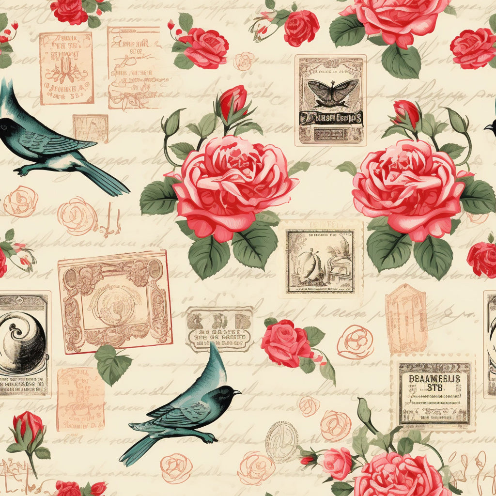 vintage stamps, pink roses, coral flowers, teal birds, cream background, handwritten script, postal theme,, fabric panel, romantic floral, antique ephemera, butterfly motifs, green leaves, rose buds, victorian style, shabby chic, botanical elements, letter writing, nostalgic pattern, soft pastels