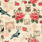 vintage stamps, pink roses, coral flowers, teal birds, cream background, handwritten script, postal theme,, fabric panel, romantic floral, antique ephemera, butterfly motifs, green leaves, rose buds, victorian style, shabby chic, botanical elements, letter writing, nostalgic pattern, soft pastels