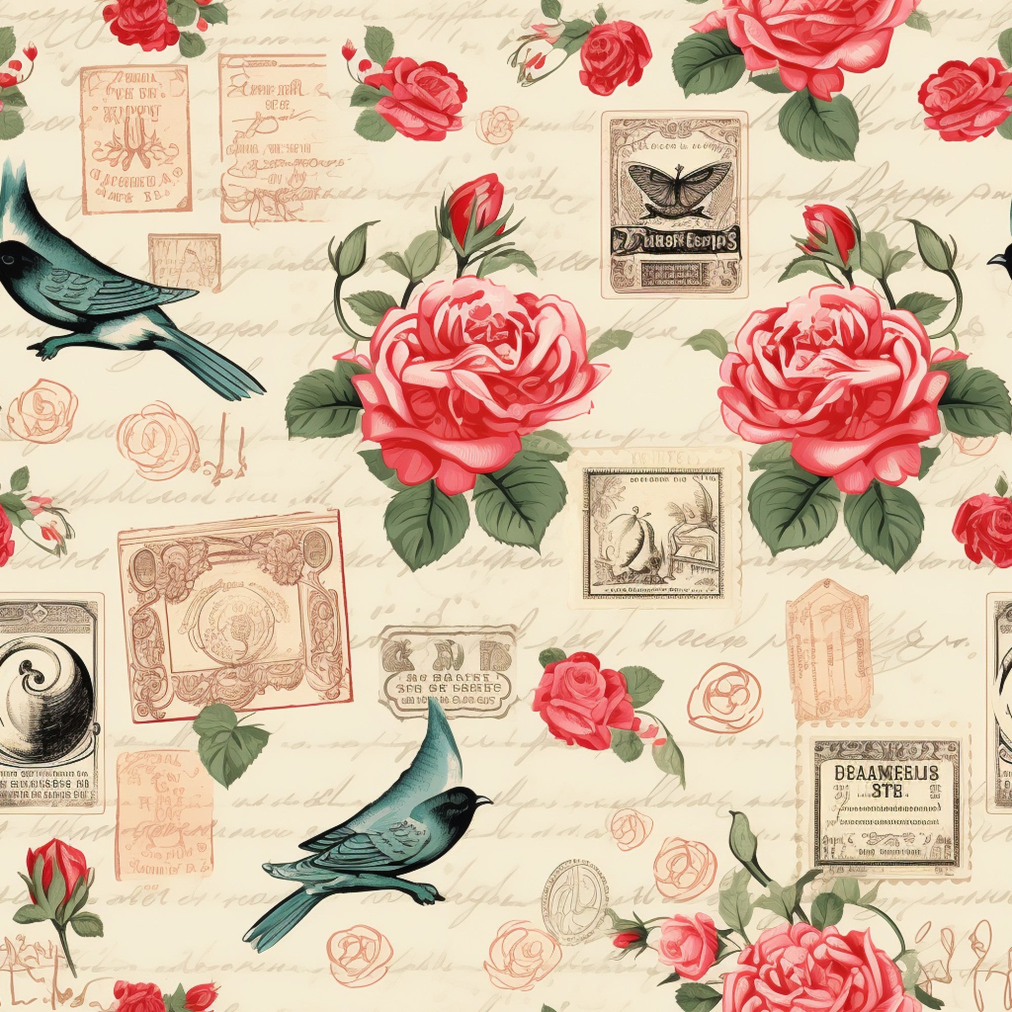 vintage stamps, pink roses, coral flowers, teal birds, cream background, handwritten script, postal theme,, fabric panel, romantic floral, antique ephemera, butterfly motifs, green leaves, rose buds, victorian style, shabby chic, botanical elements, letter writing, nostalgic pattern, soft pastels