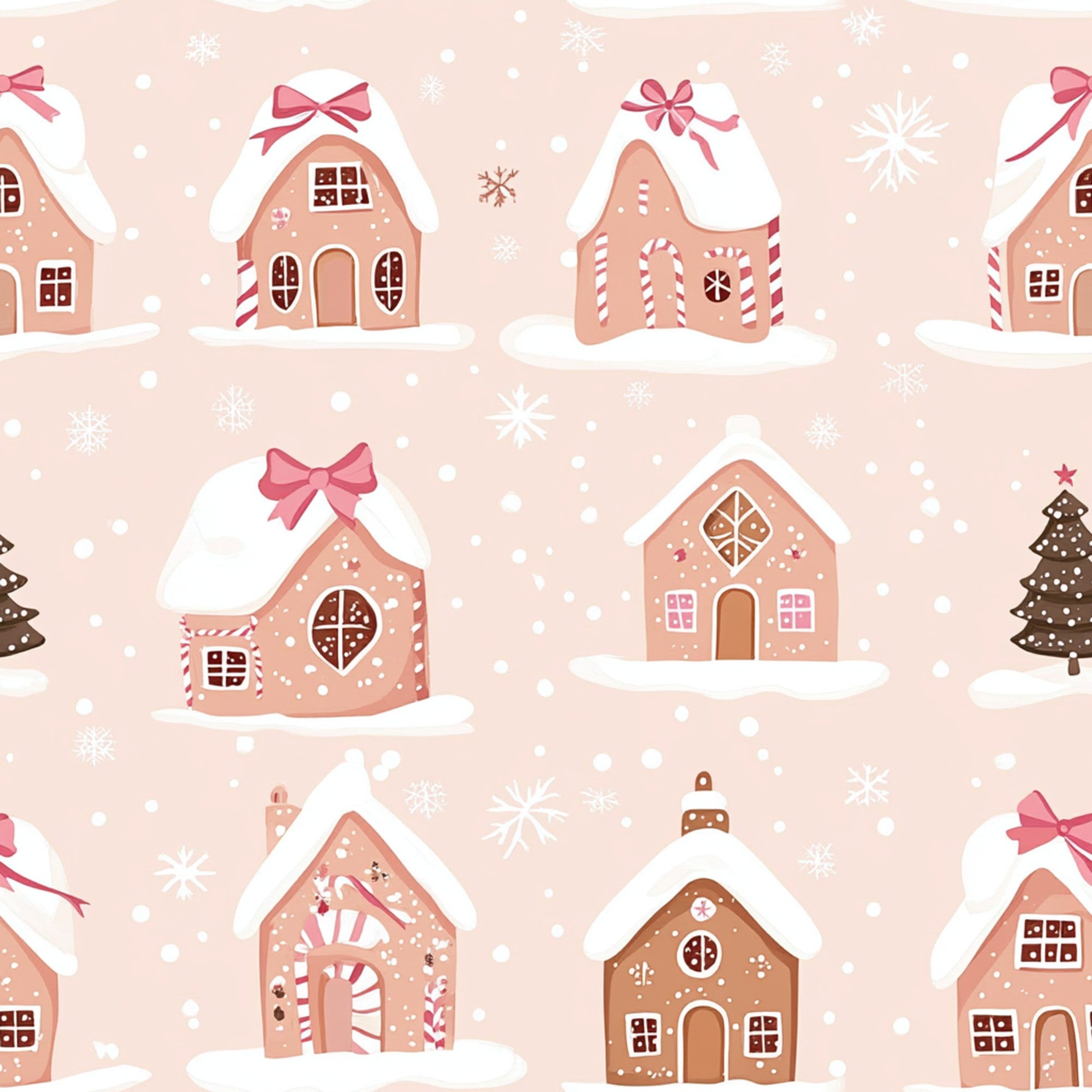 sweet pink, blush pink, coral pink, white, brown, gingerbread houses, snow covered roofs, pink bows, ribbons, candy cane stripes, snowflakes, christmas trees, winter village, snowing, whimsical illustration, cute cottage design,, fabric panel, holiday pattern, festive theme