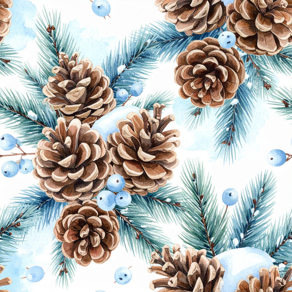 winter pinecones, evergreen branches, blue berries, forest green, cream, brown, natural, rustic, woodland, nature, holiday, christmas, winter, boho, botanical, pinecone pattern, needle leaves, seasonal, cozy, festive, traditional, elegant, nursery, kids room, nature lover, cabin style, alpine, conifer branches
