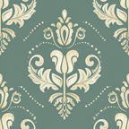 sage green, cream, ivory, damask, floral, ornamental, baroque, victorian, elegant, traditional, classic, vintage, scrolls, flourishes, botanical, symmetrical, decorative, timeless, sophisticated, romantic, ornate, transitional, formal, classical, medallion motif, leaf details, curving stems