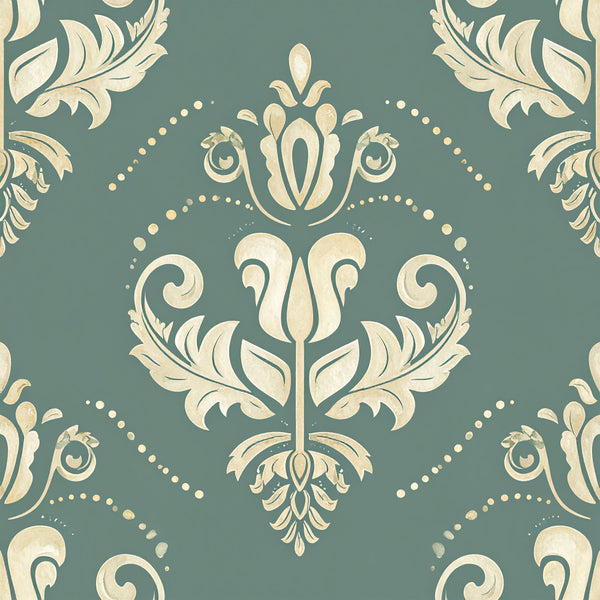 sage green, cream, ivory, damask, floral, ornamental, baroque, victorian, elegant, traditional, classic, vintage, scrolls, flourishes, botanical, symmetrical, decorative, timeless, sophisticated, romantic, ornate, transitional, formal, classical, medallion motif, leaf details, curving stems