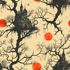 blood moon, gothic castle, bare trees, orange red circles, cream background, spooky mansion, leafless branches, haunted house, gothic architecture, eerie atmosphere, halloween theme, horror mood, silhouette design, vintage illustration,, fabric panel, dark branches, twisted trees, macabre style, supernatural scene