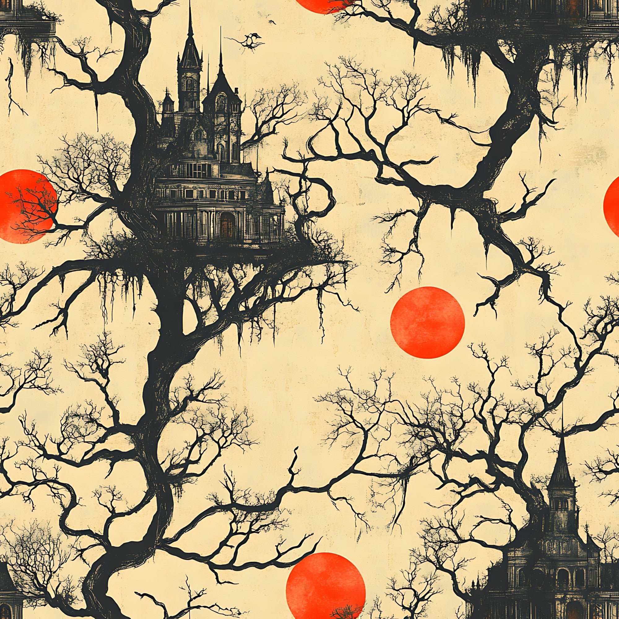 blood moon, gothic castle, bare trees, orange red circles, cream background, spooky mansion, leafless branches, haunted house, gothic architecture, eerie atmosphere, halloween theme, horror mood, silhouette design, vintage illustration,, fabric panel, dark branches, twisted trees, macabre style, supernatural scene