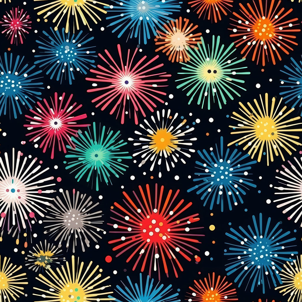 fireworks pattern, night sky, celebration, colorful bursts, red fireworks, blue fireworks, yellow fireworks, pink fireworks, green fireworks, white fireworks, orange fireworks, starburst design, radiating lines, festive pattern, black background, scattered dots, explosive motifs,, fabric panel, party theme, bright colors, geometric bursts