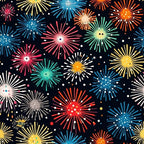 fireworks pattern, night sky, celebration, colorful bursts, red fireworks, blue fireworks, yellow fireworks, pink fireworks, green fireworks, white fireworks, orange fireworks, starburst design, radiating lines, festive pattern, black background, scattered dots, explosive motifs,, fabric panel, party theme, bright colors, geometric bursts
