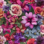 realistic flowers, floral pattern, roses, lilies, daisies, purple blooms, pink petals, magenta flowers, coral roses, blue blossoms, botanical design, garden flowers,, fabric panel, vibrant colors, detailed illustration, mixed florals, nature motif, crafting material, sewing fabric