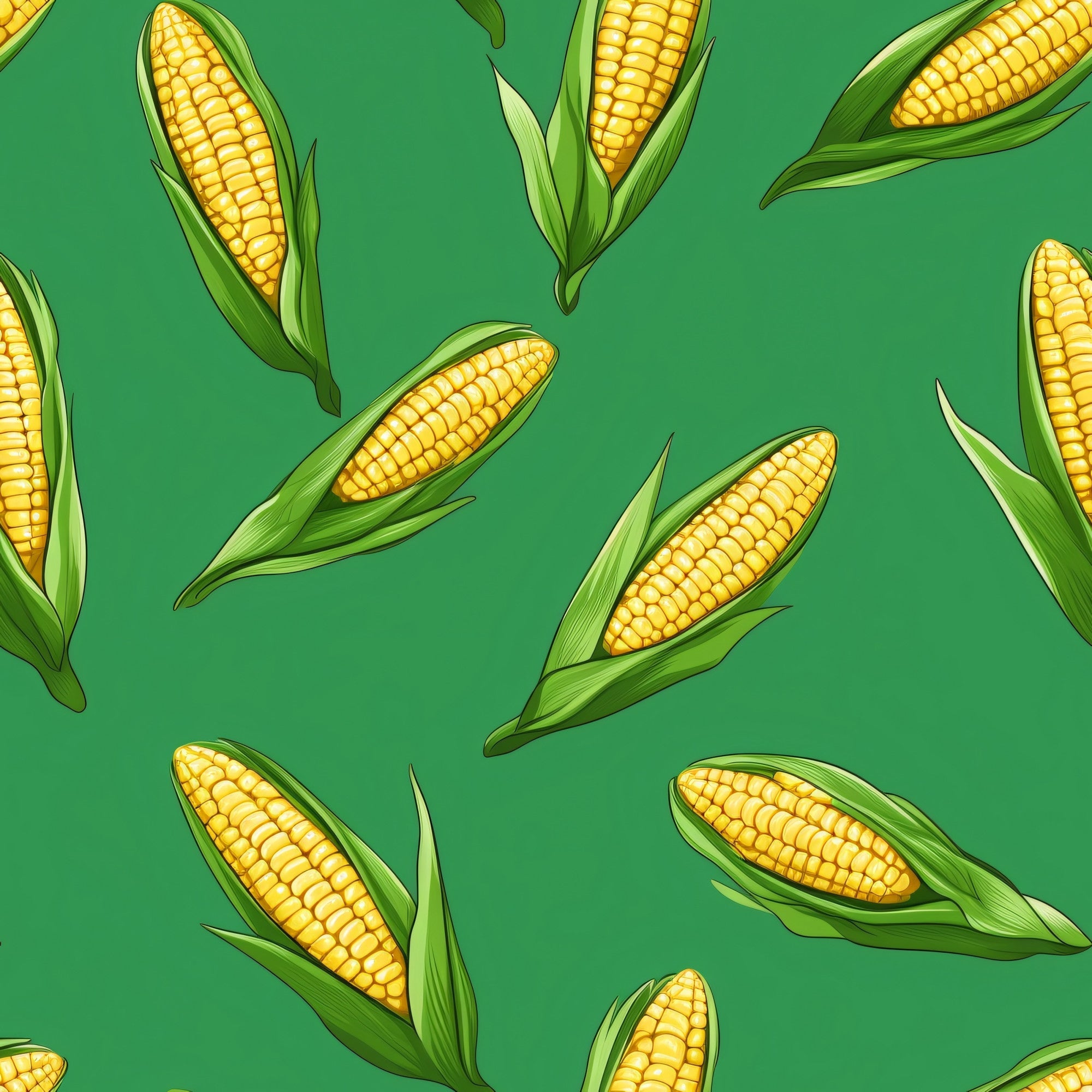green background, yellow corn, golden kernels, corn cobs, green husks, vegetable pattern, farm produce, harvest theme,, fabric panel, botanical design, food illustration, summer vegetables, agricultural motif, repeating pattern, bright colors, corn stalks, garden vegetables, farming theme, natural elements