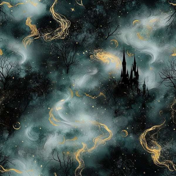 dark teal, forest green, gold, cream, white, celestial, stars, moons, magical, whimsical, gothic, fantasy, enchanted castle, mystical, ethereal, night sky, swirling clouds, moonlit, elegant, dark academia, dreamy, atmospheric, baroque, ornate, sparkly, starry, moody, mystical forest, wizard, enchanted