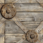rustic wood, weathered planks, circular medallions, brown tones, beige shades, gray wood grain, western theme, barn door style, metal hardware, aged texture,, fabric panel, country motif, distressed finish, wooden boards, cross bracing, farmhouse aesthetic, vintage appearance, natural colors